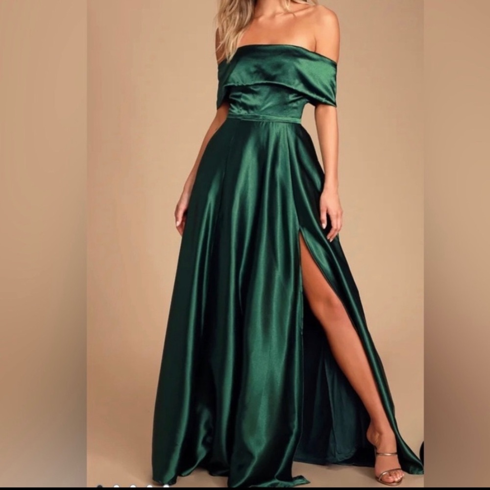 Lulus Greatest Hits Forest Green Satin Off-the-Shoulder Maxi Dress ,Size :S